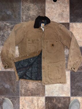 Carhartt Brown Canvas Barn Coat with Dark Sherpa Collar